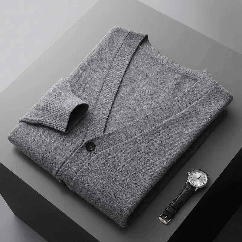 Women's classic wool V-neck cardigan, tailored fit with tonal buttons and ribbed detailing