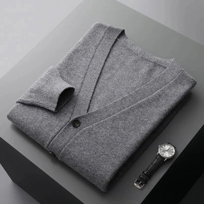 Women's classic wool V-neck cardigan, tailored fit with tonal buttons and ribbed detailing