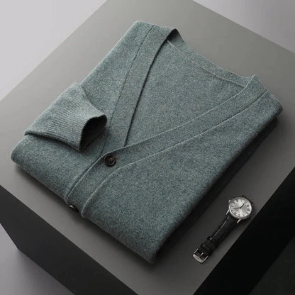 Women's classic wool cardigan in neutral tone, tailored V-neck silhouette with tonal buttons and ribbed details