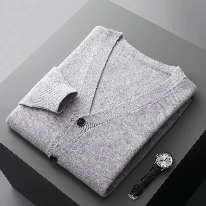 Women's classic wool cardigan in neutral tone, tailored V-neck fit with tonal buttons and ribbed detailing