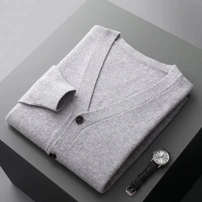 Women's classic wool cardigan in neutral tone, tailored V-neck fit with tonal buttons and ribbed detailing