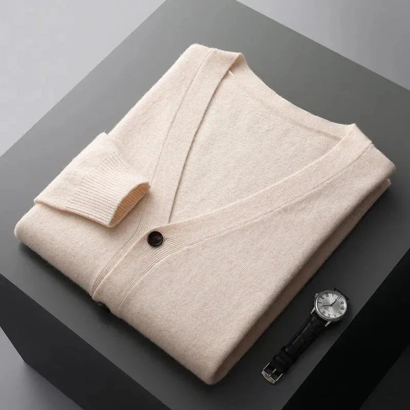 Women's classic wool cardigan in tailored fit with V-neck, tonal buttons, and ribbed detailing