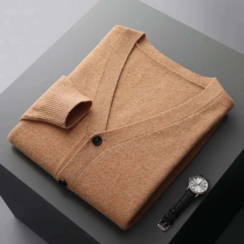 Women's classic wool cardigan in neutral tone, V-neck tailored fit with tonal buttons and ribbed detailing