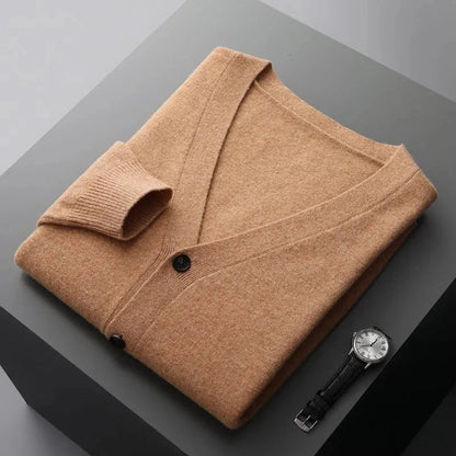 Women's classic wool cardigan in neutral tone, V-neck tailored fit with tonal buttons and ribbed detailing
