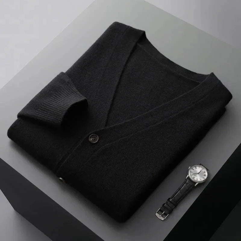 Women's classic wool cardigan in neutral tone, tailored V-neck silhouette with tonal buttons and ribbed detailing