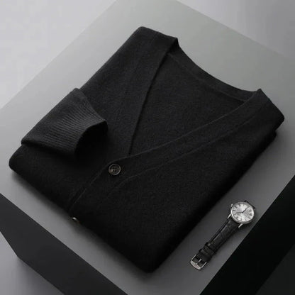 Women's classic wool cardigan in neutral tone, tailored V-neck silhouette with tonal buttons and ribbed detailing