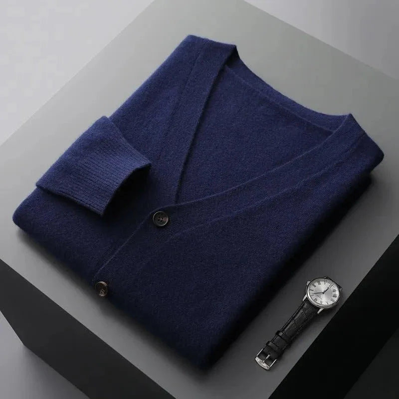 Women's classic wool cardigan V-neck tailored fit with tonal buttons and ribbed detailing