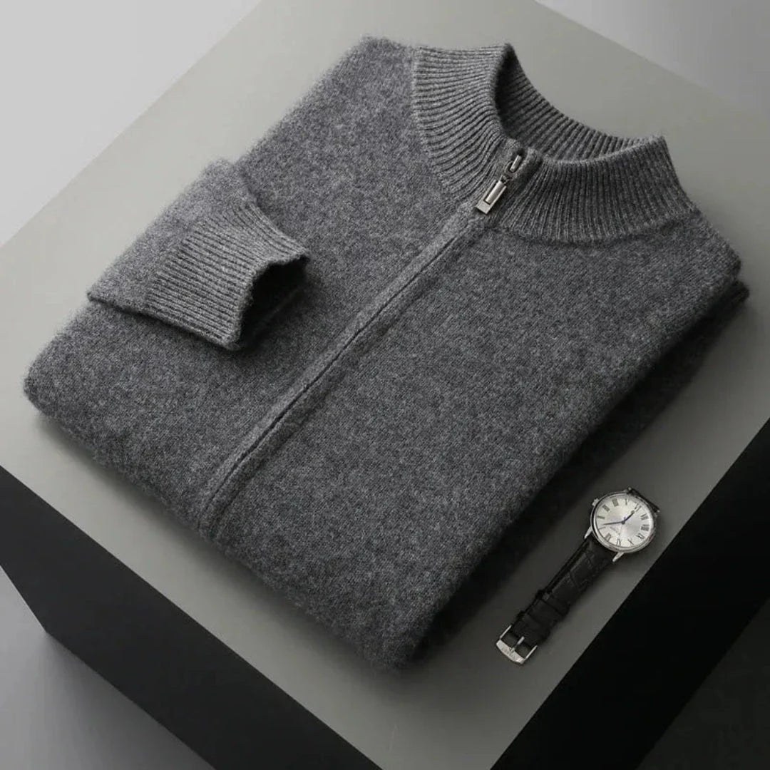 Men's gray wool zip cardigan with ribbed collar, cuffs, and full metal zipper closure
