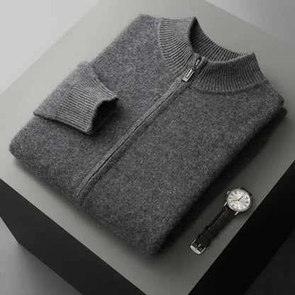 Men's gray wool zip cardigan with ribbed collar, cuffs, and full metal zipper closure