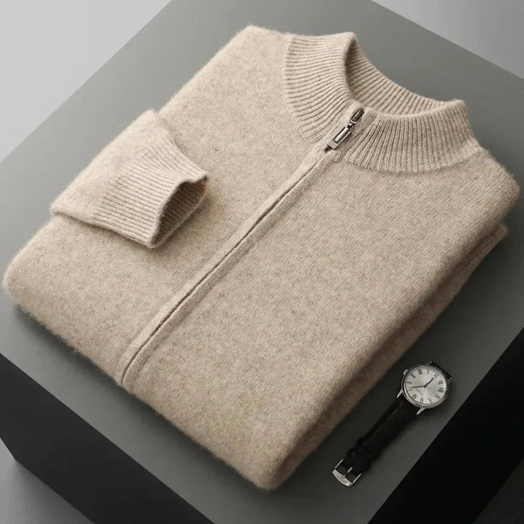 Men's gray wool zip cardigan with ribbed collar, cuffs, and full metal zipper closure