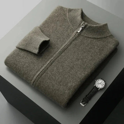 Men's gray wool zip cardigan with full metal zipper and ribbed collar, cuffs, and hem detailing