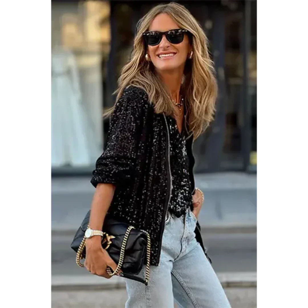 Women's relaxed-fit sequin bomber jacket with all-over shimmer, bold glittering fabric for day-to-night style