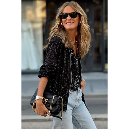 Women's relaxed-fit sequin bomber jacket with all-over shimmer, bold glittering fabric for day-to-night style