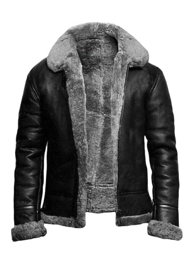 Men's slim fit black leather look jacket with cozy faux shearling lining, short length zip front winter coat