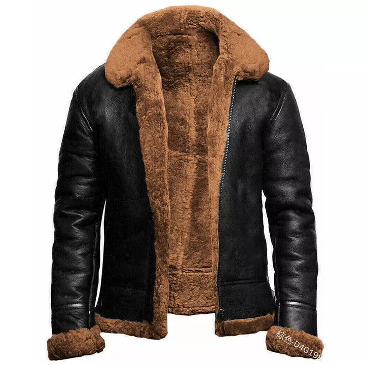 Men's slim fit black leather look jacket with faux shearling lining, short length zip front winter coat