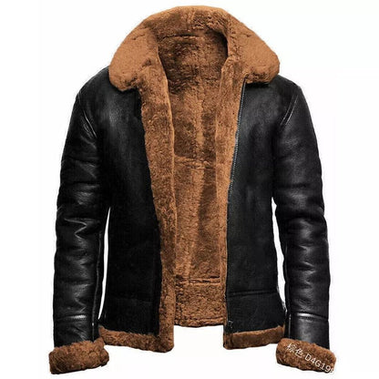 Men's slim fit black leather look jacket with faux shearling lining, short length zip front winter coat
