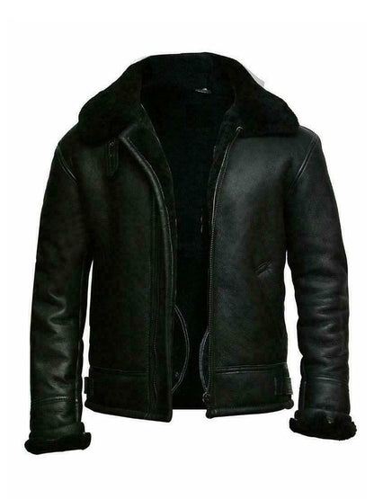 Men's slim fit black leather look jacket with faux shearling lining, short length zip front winter coat