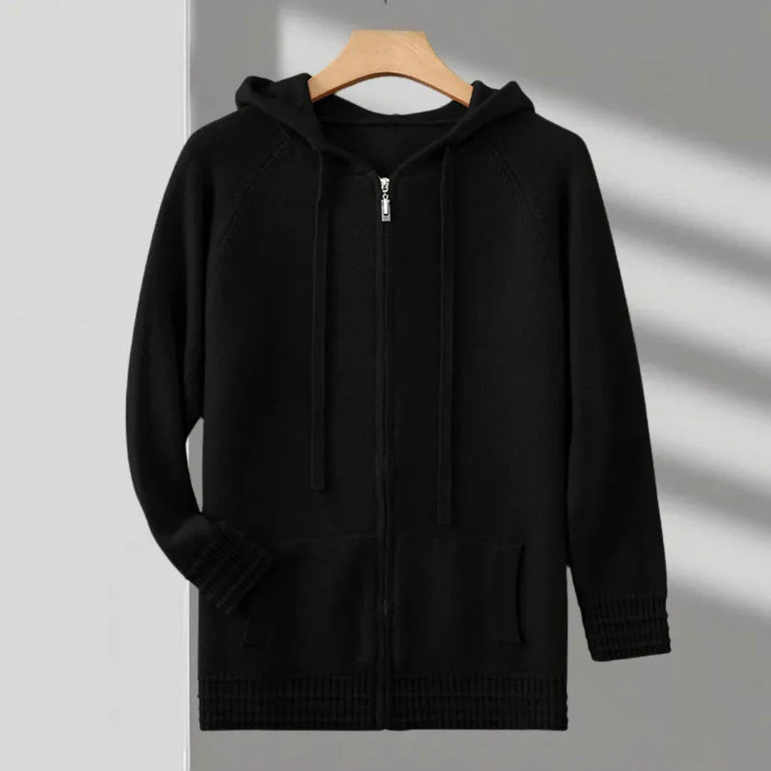 Declan gray cashmere zip-up hoodie with adjustable drawstring hood and relaxed fit