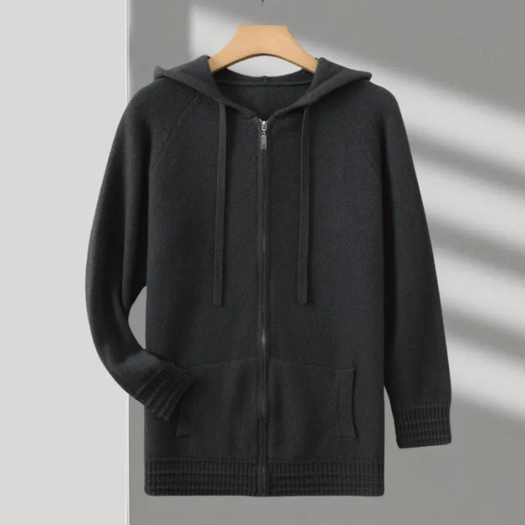 Declan gray cashmere zip-up hoodie with adjustable drawstring hood and relaxed fit