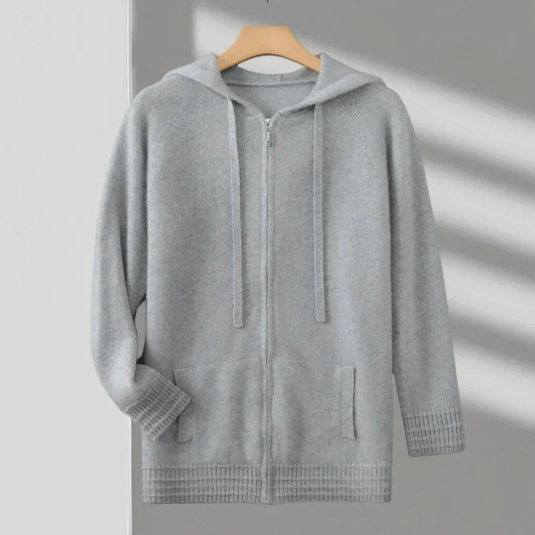 Declan gray cashmere zip-up hoodie with adjustable drawstring hood and relaxed fit