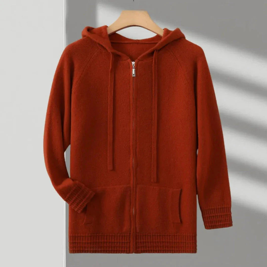 Declan gray cashmere hoodie with full-length zipper, adjustable drawstring hood, relaxed fit