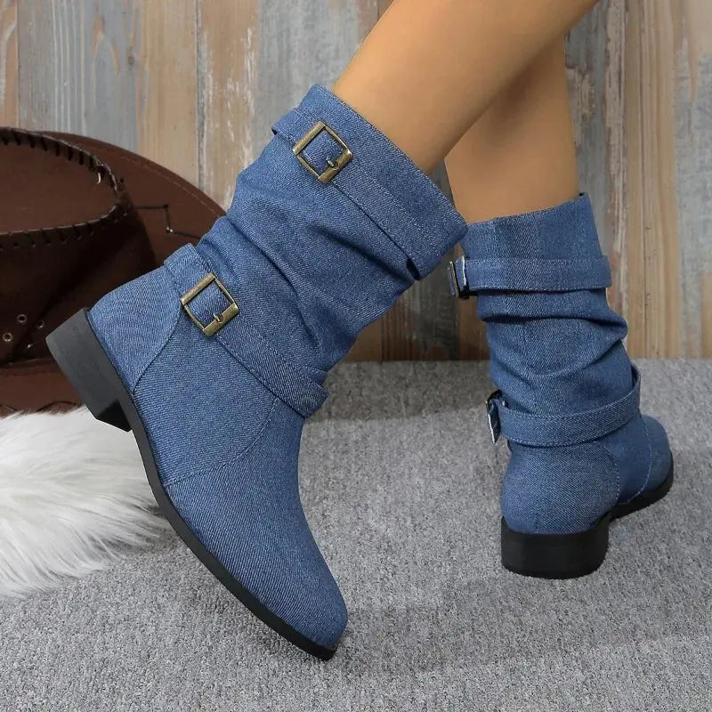 Women's denim ankle boots with buckle detail, stylish casual cut for day-to-night versatile wear
