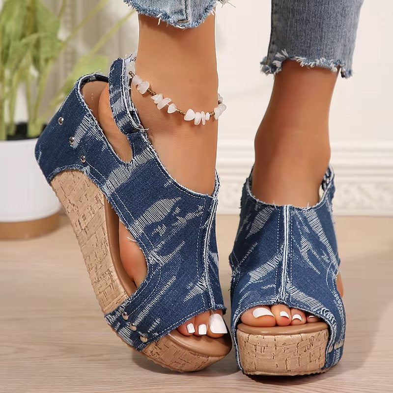 Women's denim cork wedge sandals with cushioned footbed and natural cork platform sole