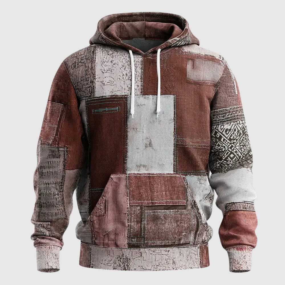 Men's blue denim patchwork hoodie streetwear style with multi-panel patches and cozy interior