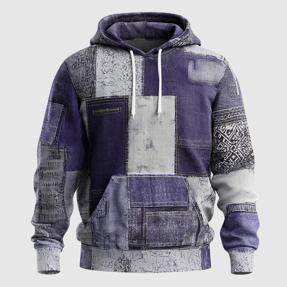 Men's blue denim patchwork hoodie streetwear style with multi-panel patches and cozy interior