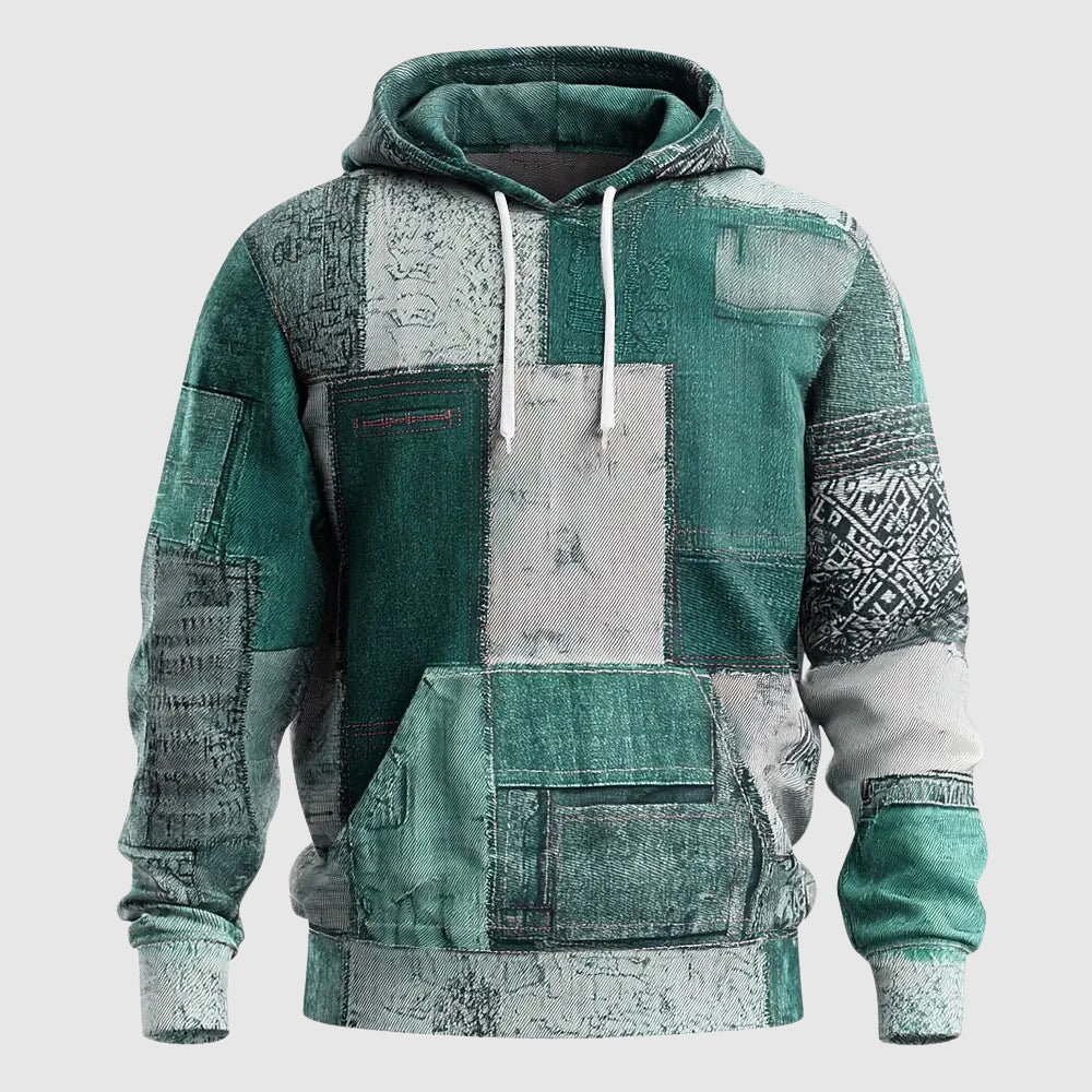 Men's blue denim patchwork street style hoodie with multi-panel patches and cozy interior by Wavlynn