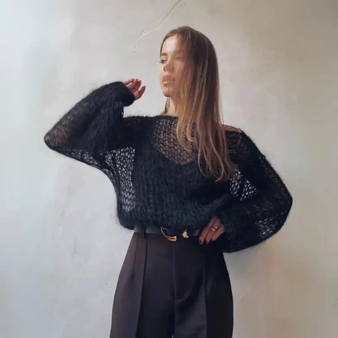 Ivory mohair-blend mesh sweater with dramatic lantern sleeves and open-knit breathable texture