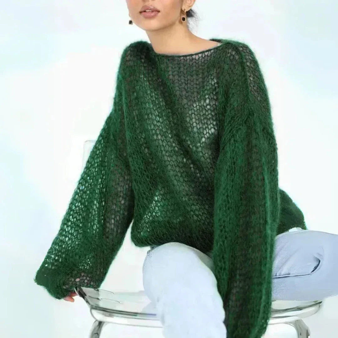 Cream mohair-blend mesh sweater with dramatic lantern sleeves and open-knit breathable texture