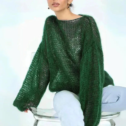 Cream mohair-blend mesh sweater with dramatic lantern sleeves and open-knit breathable texture
