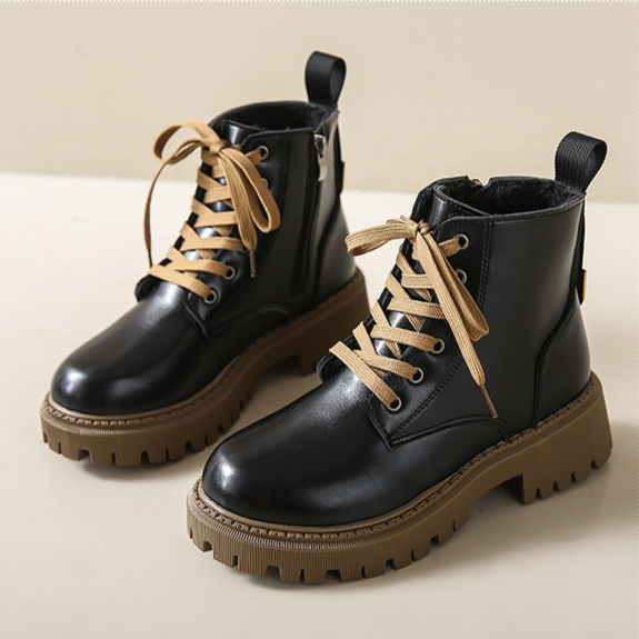 Black lined combat boots structured silhouette with plush interior lining for warmth
