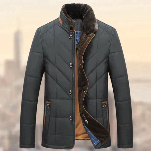 Men's black quilted padded winter jacket slim tailored fit with stand collar by Wavlynn Ezra