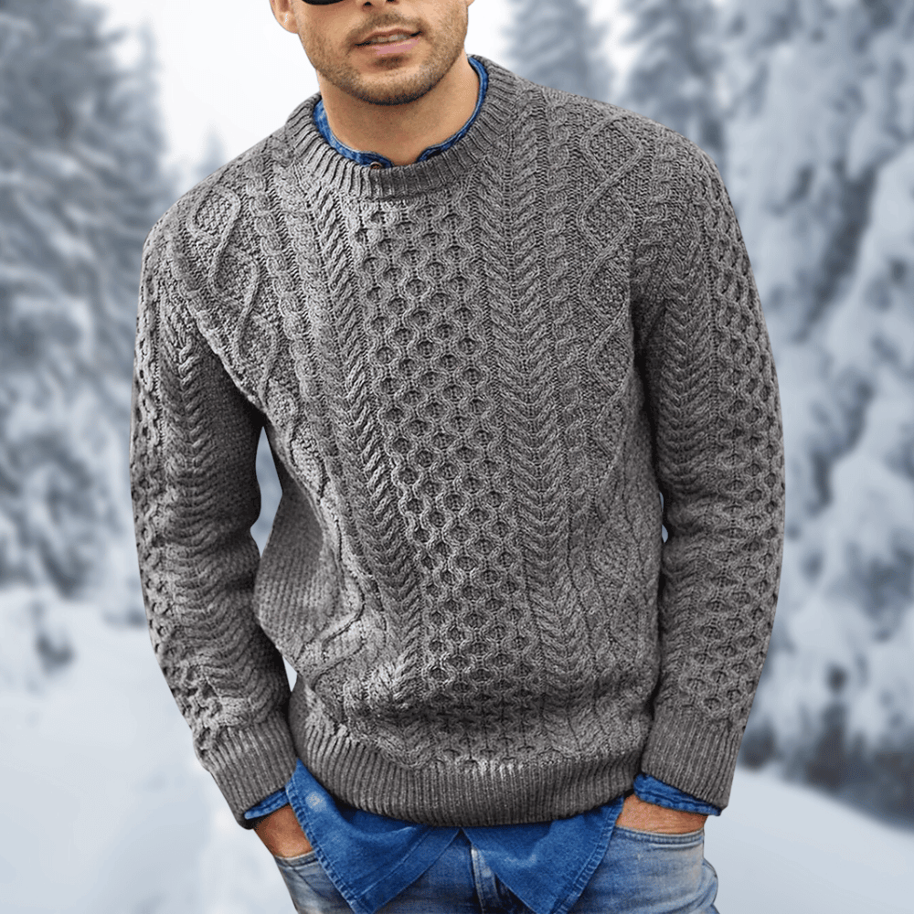 Men's cable knit wool sweater warm cozy chunky texture winter layering everyday comfort