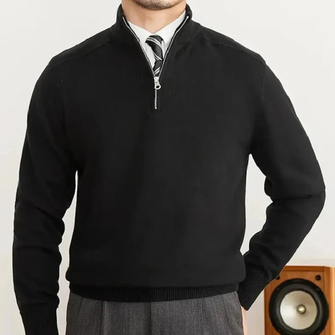 Dexter half-zip sweater in neutral cotton-wool blend, tailored fit with modern elegant silhouette