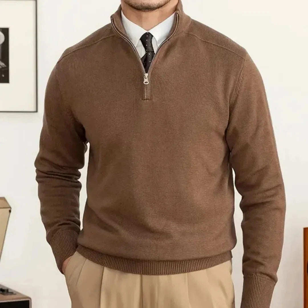 Dexter half-zip sweater in neutral cotton-wool blend, tailored fit with modern elegant silhouette