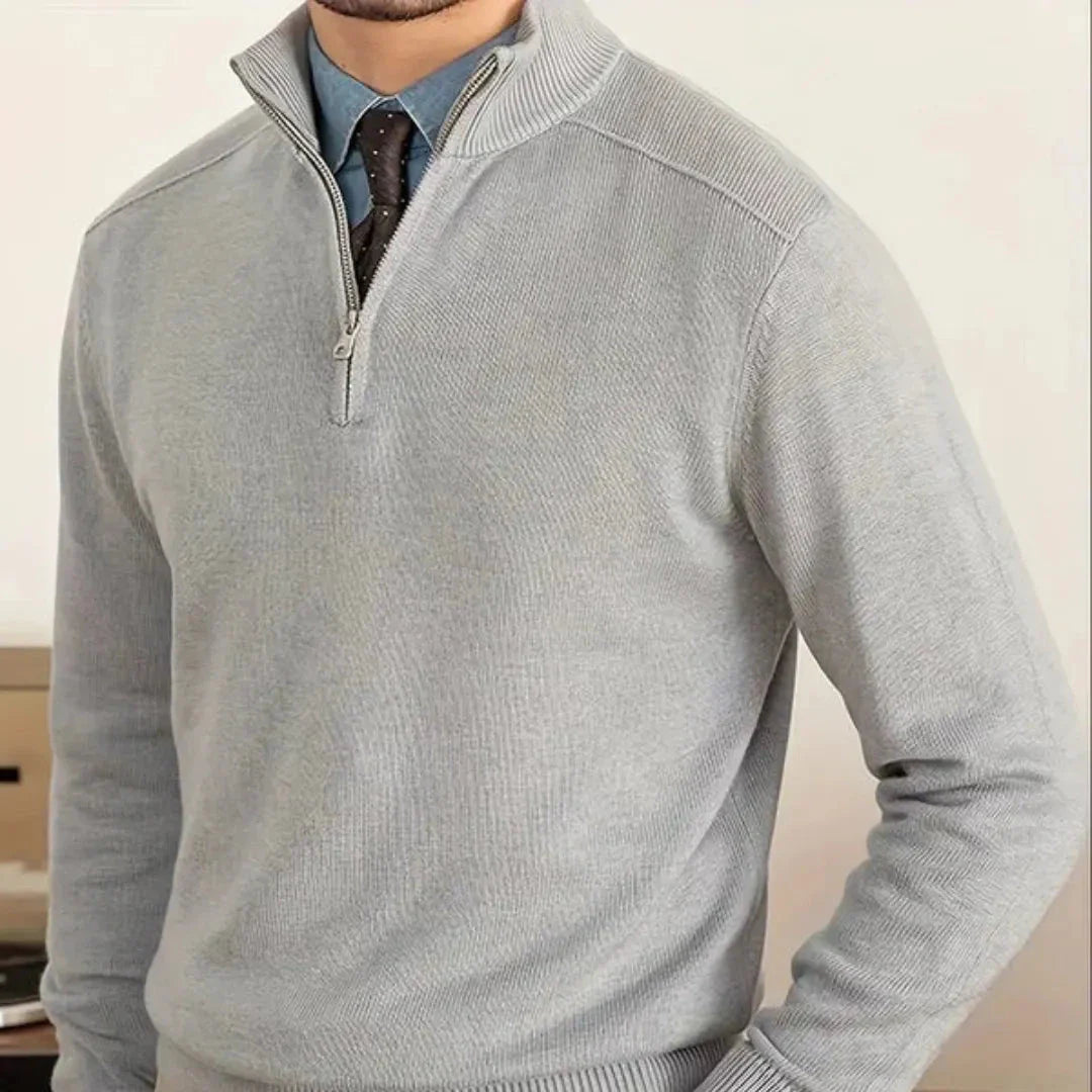 Dexter half-zip sweater in neutral cotton-wool blend, tailored fit with modern ribbed collar