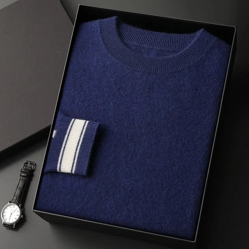 Camel crewneck cashmere pullover with ribbed trim and subtle contrast stripe accent on cuff