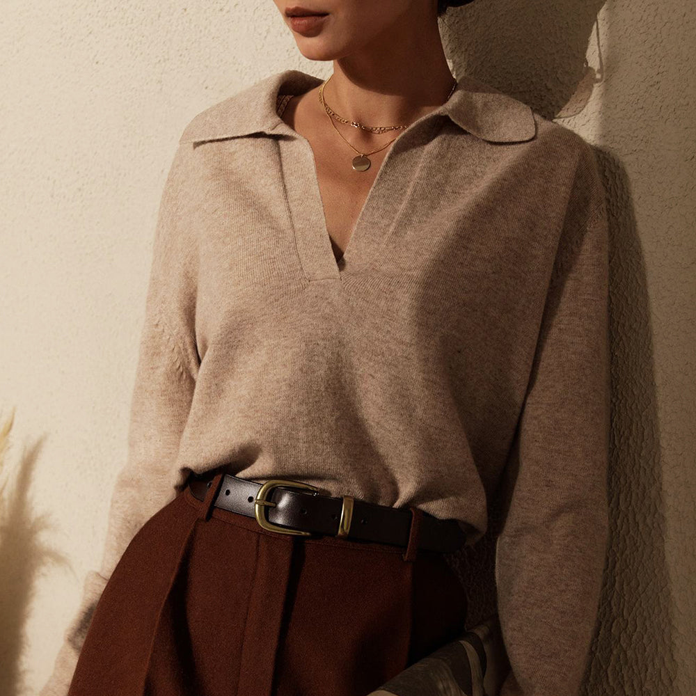 Women's elegant soft viscose knit sweater with V-neck lapel collar, timeless classic style by Wavlynn