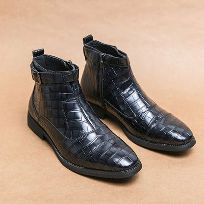 Black faux crocodile leather ankle boots with almond toe, heritage buckle, and zip closure