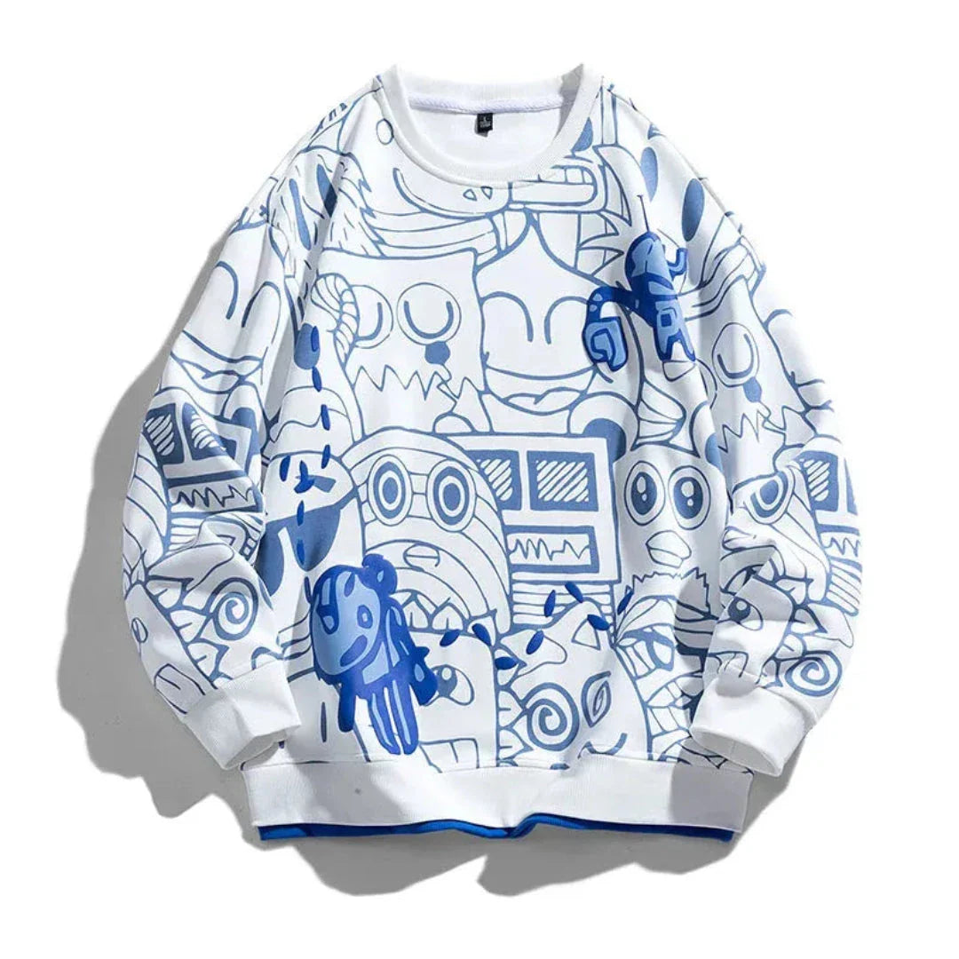 Relaxed-fit graphic sweatshirt with bold hand-drawn doodle print, ribbed cuffs, premium cotton blend