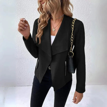 Doreen draped open-front blazer in neutral cotton-blend with structured fit and zippered pockets