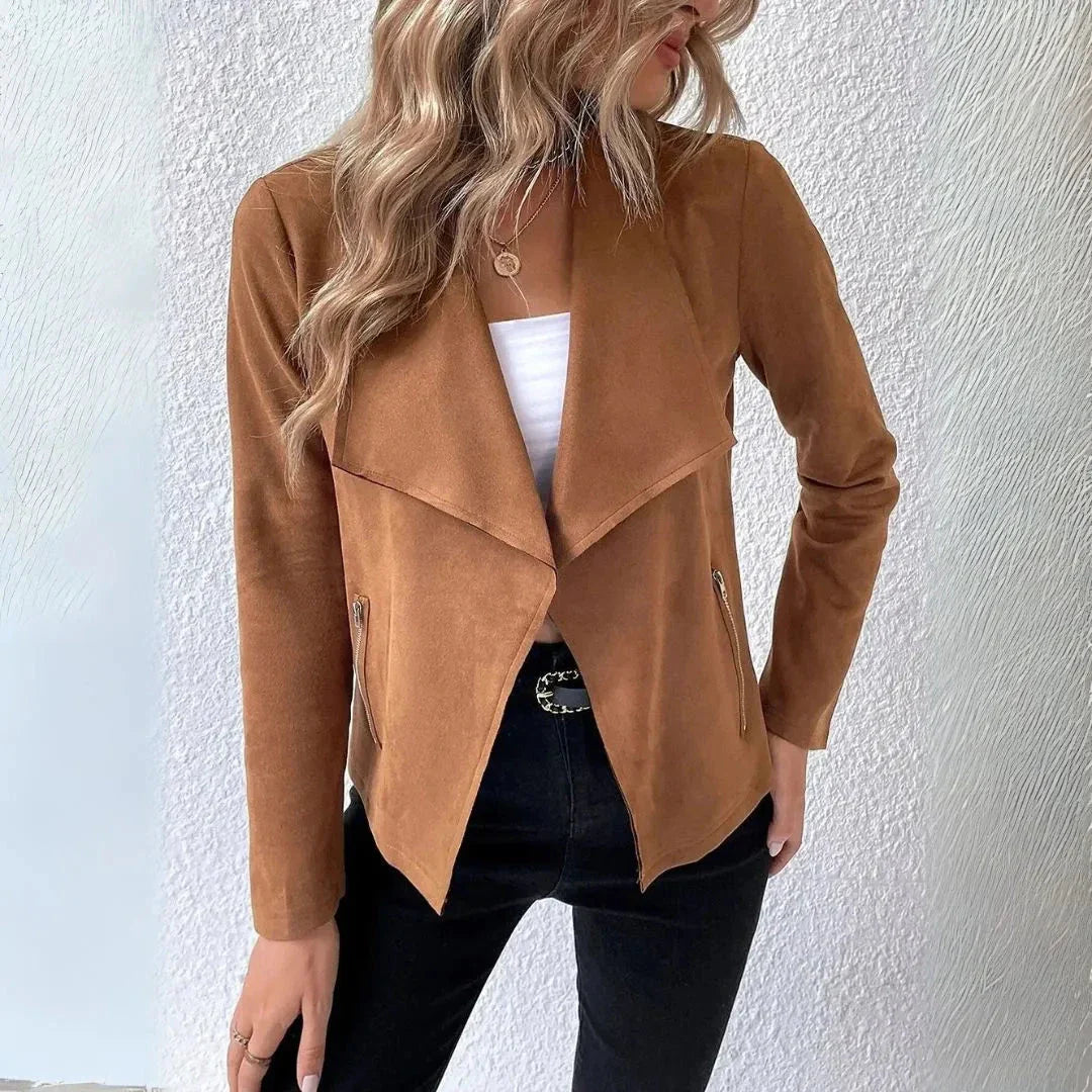 Doreen women's beige cotton-blend open-front draped blazer jacket with zippered pockets