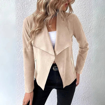 Doreen draped open-front blazer in neutral cotton-blend with structured fit and zippered pockets