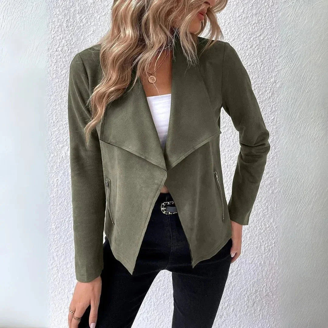 Doreen draped open-front blazer jacket structured fit with zippered pockets in soft cotton blend