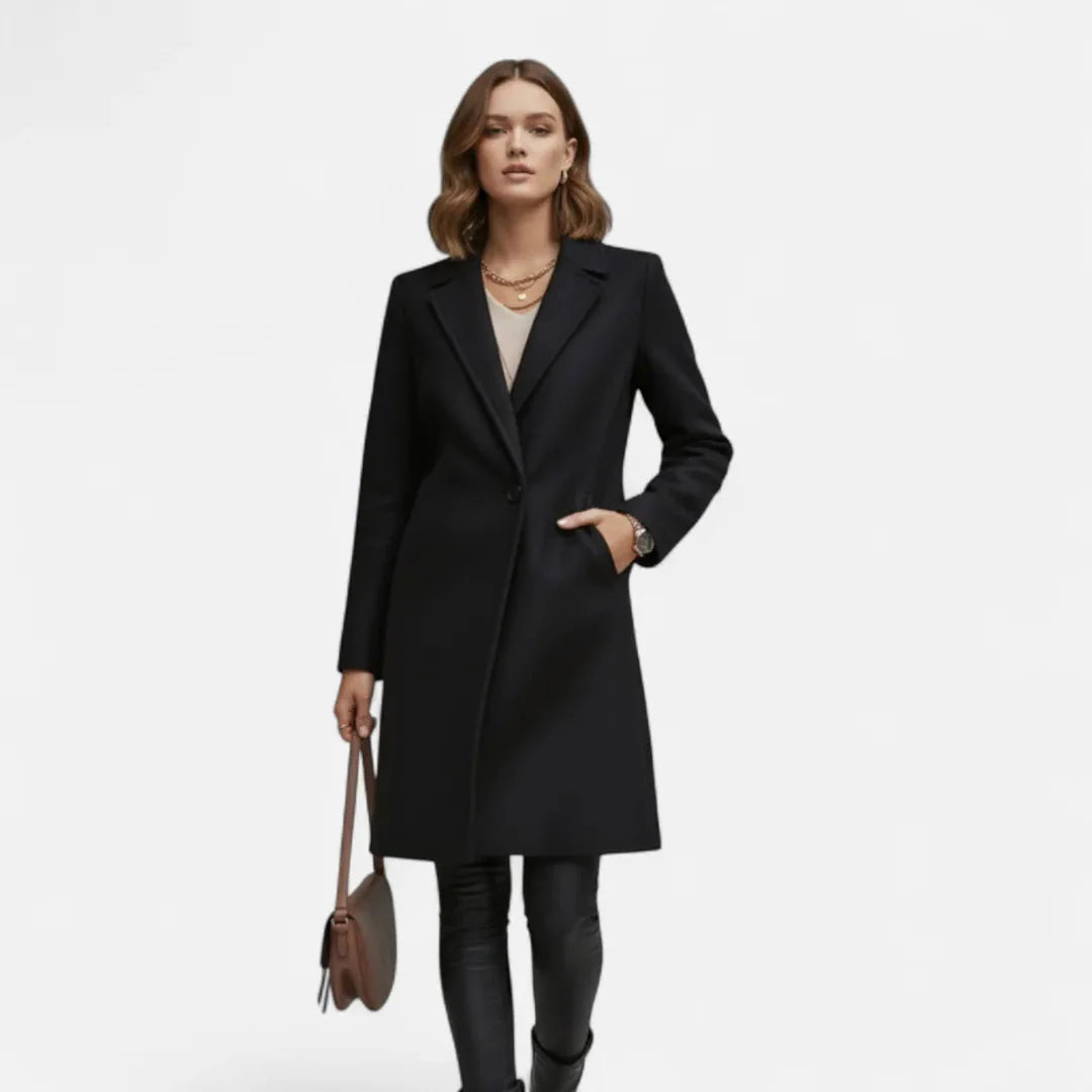 Women's wool blend longline overcoat in neutral tone with sharp lapel collar and single-button closure