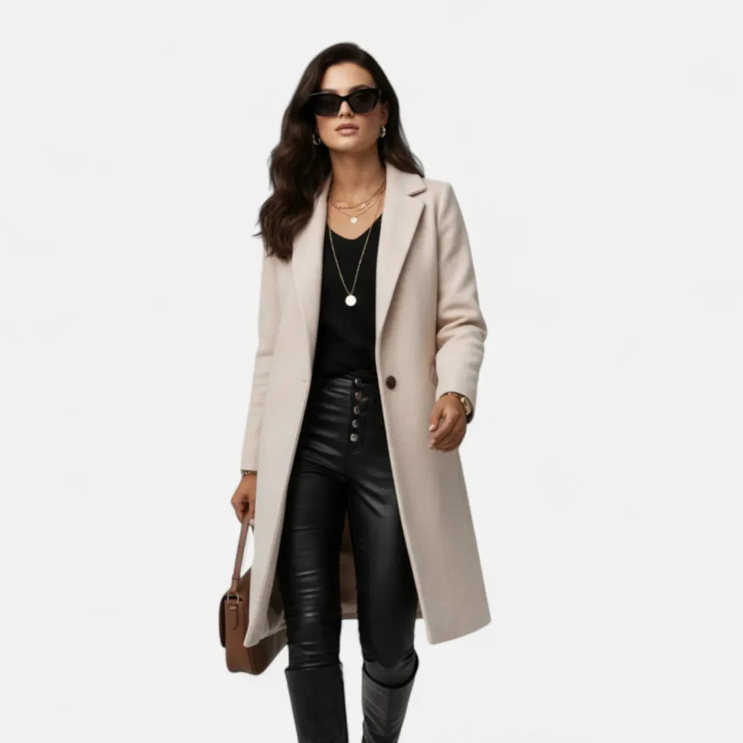 Women's wool blend longline overcoat in neutral tone with sharp lapel collar and single-button closure