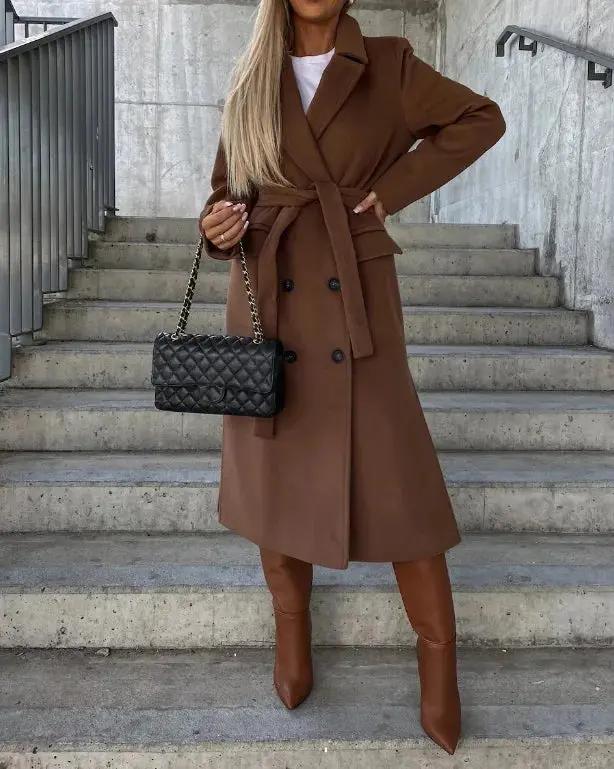 Women's double-breasted winter coat belted waist elegant silhouette refined sophisticated style